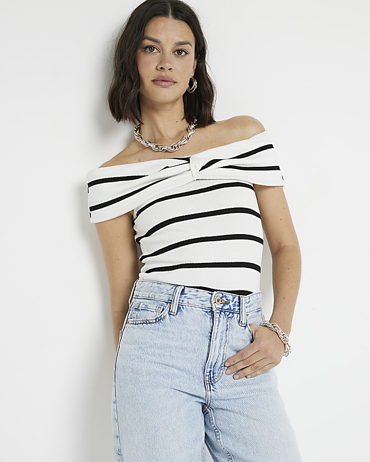 White Stripe Knot Front Bandeau Top