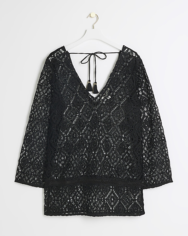 Black crochet beach mini dress