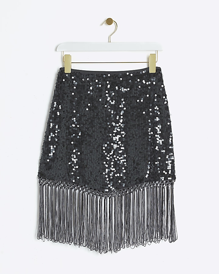 Black Sequin Fringe Mini Skirt River Island