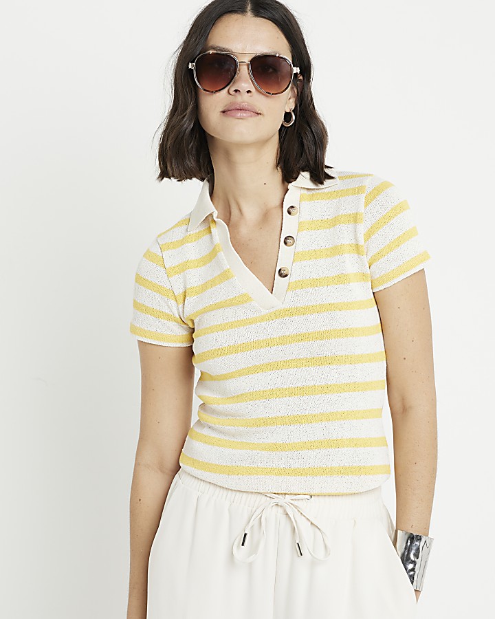 Yellow crochet stripe polo t-shirt