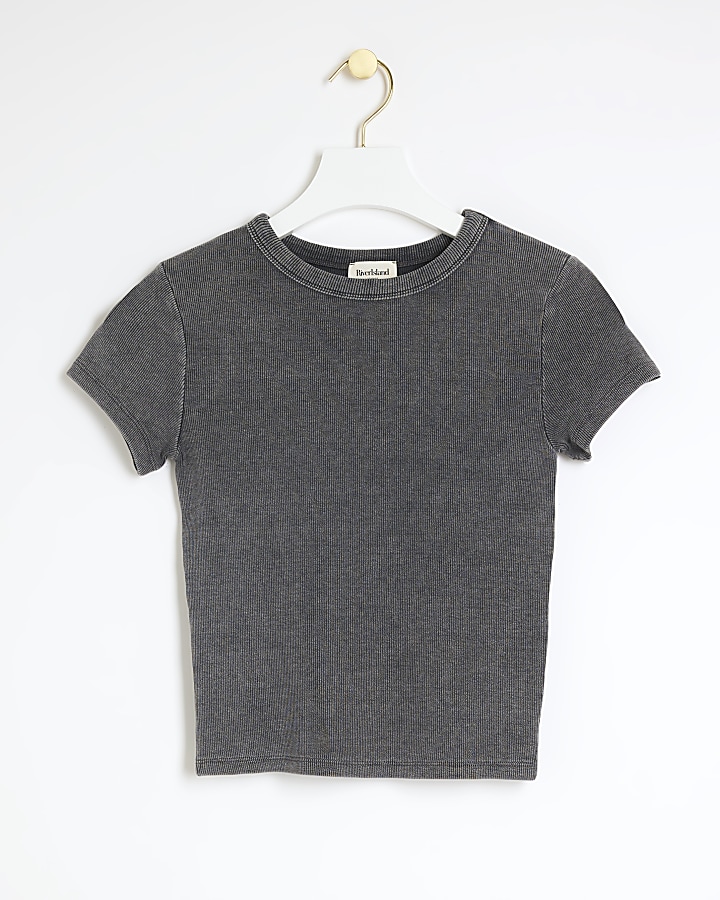 Grey Ribbed Washed Cropped T-Shirt