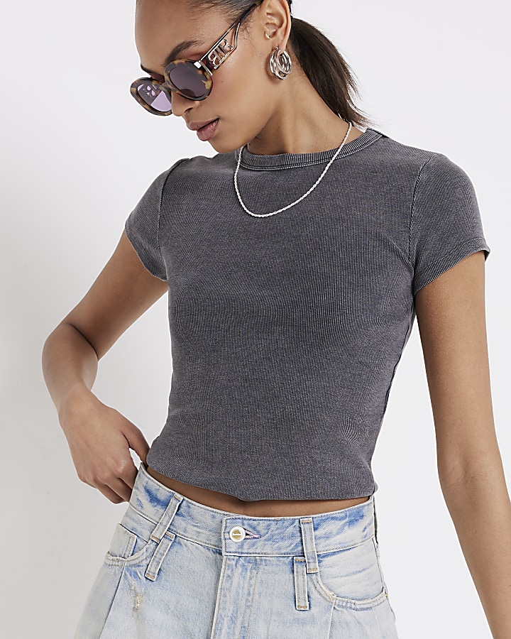 Grey Ribbed Washed Cropped T-Shirt