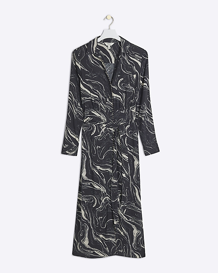 Black marble belted midi shirt dress