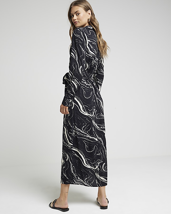 Black marble belted midi shirt dress