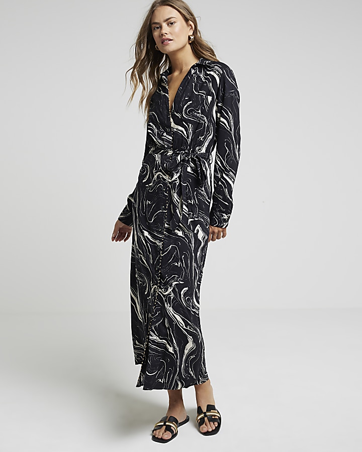 Black marble belted midi shirt dress