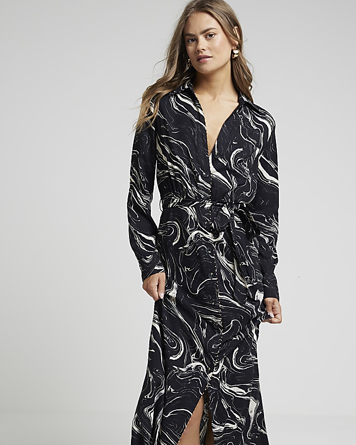 Black marble belted midi shirt dress