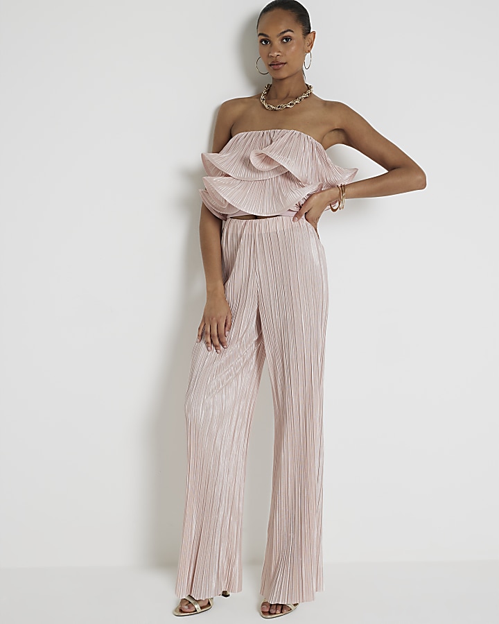 Pink Plisse Wide Leg Trousers