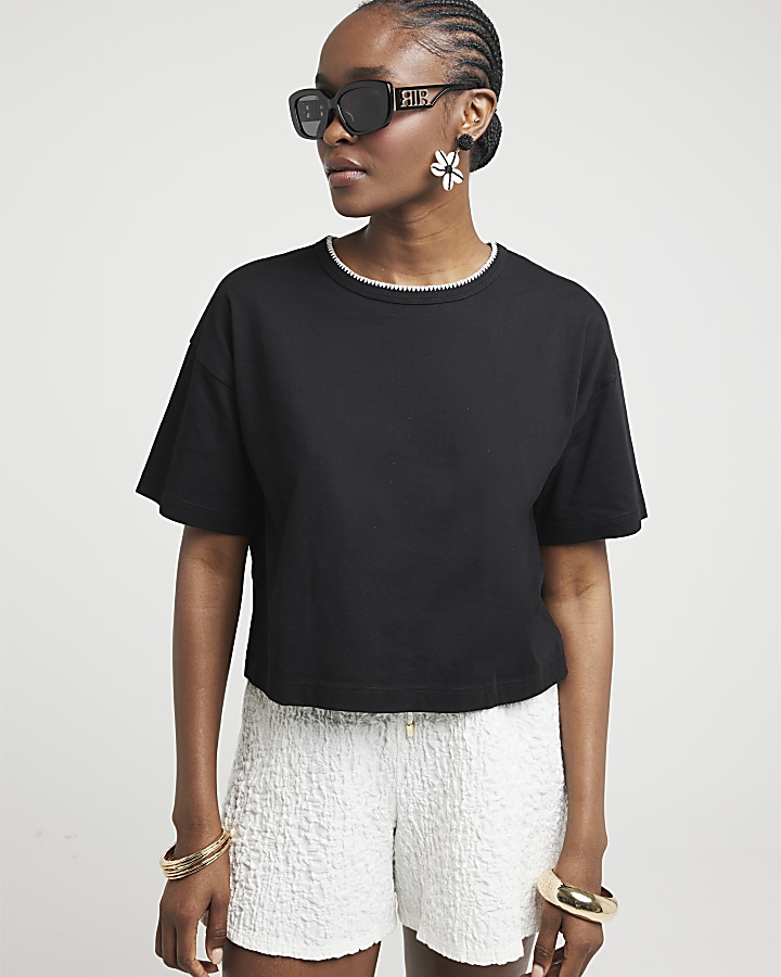 Black  Whipstitch Crop T-shirt