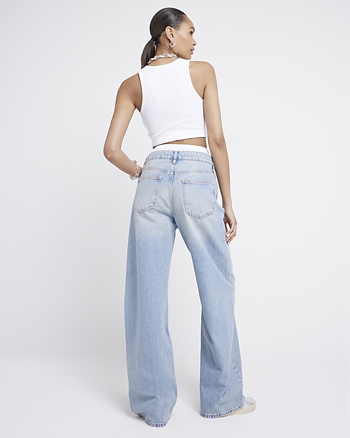 Blue boxer waist wide leg jeans River Island