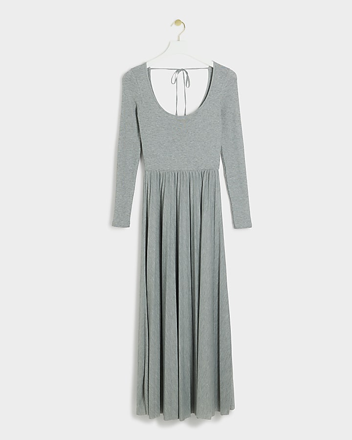 Grey ribbed pleated skater maxi dress