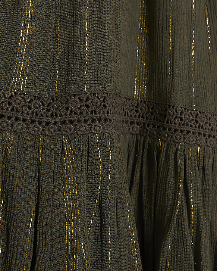 Khaki shirred tiered mini dress