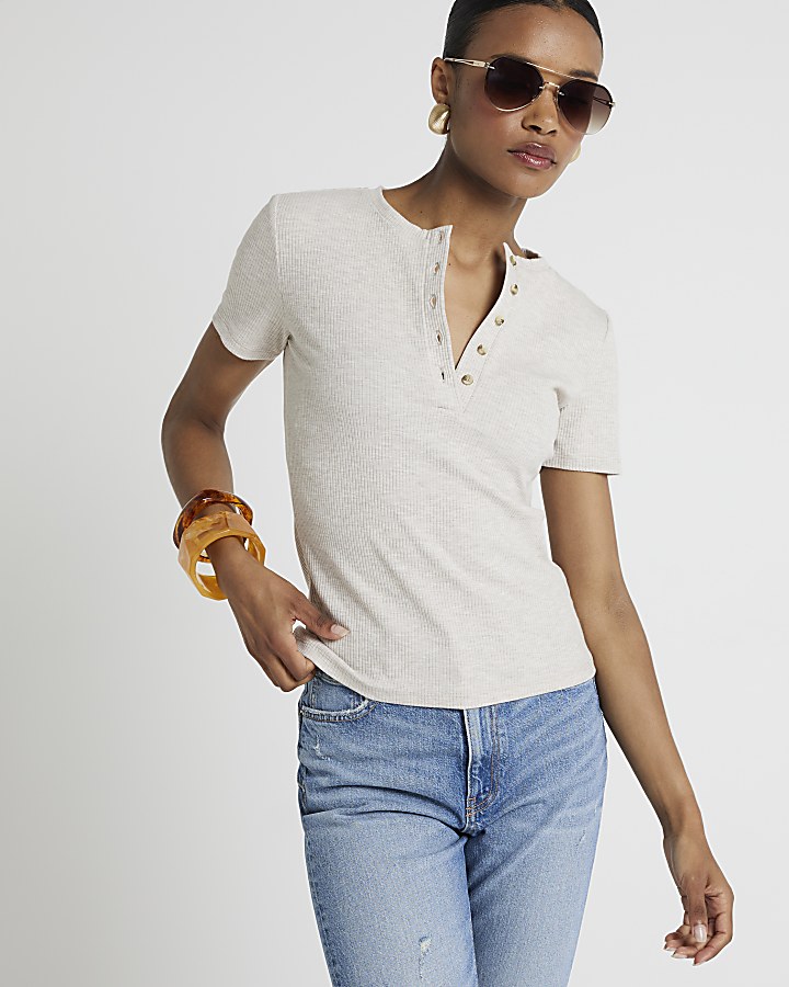 Beige ribbed button t-shirt