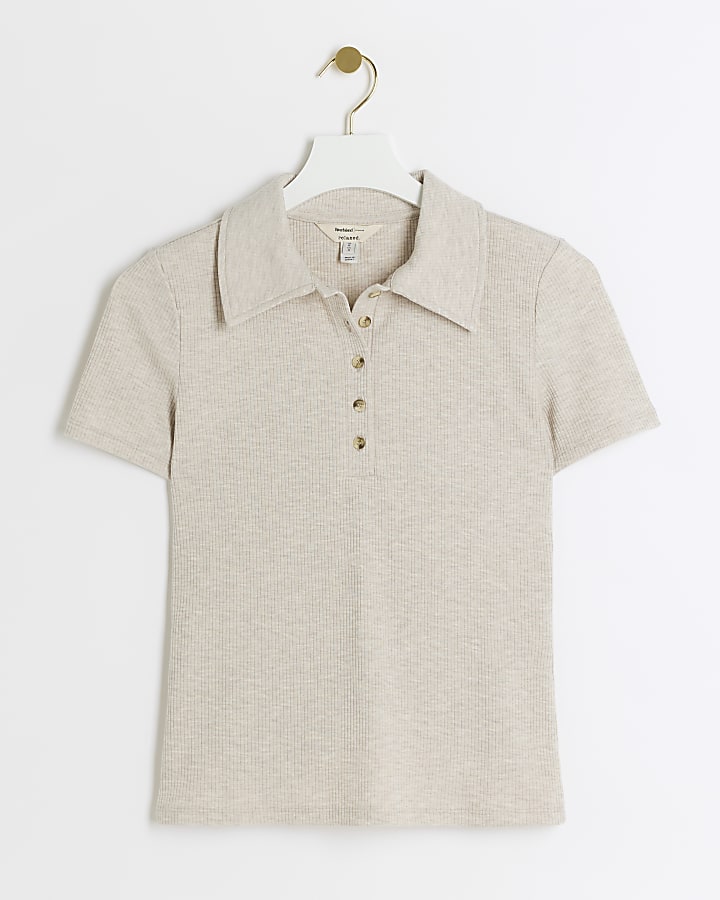 Beige ribbed polo t-shirt