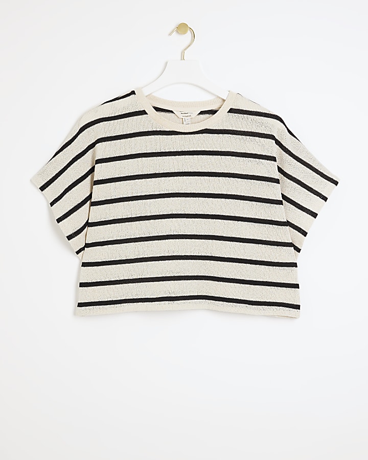 Petite Black Crochet Stripe Short Sleeve Top