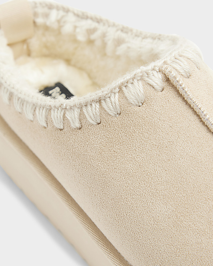 Beige suedette faux fur platform mules | River Island