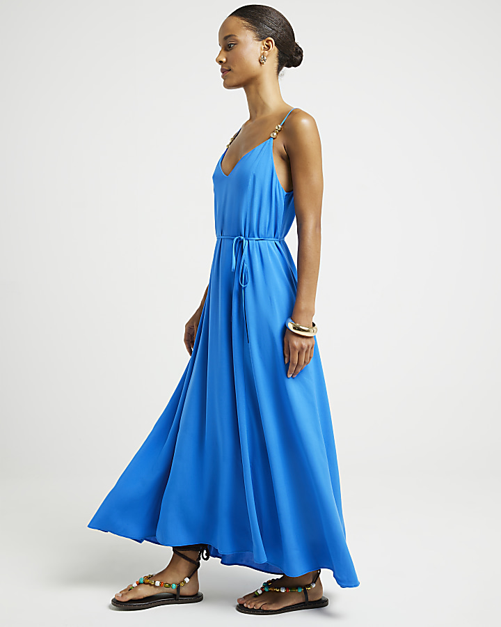 Blue beaded belted slip maxi dress | River Island