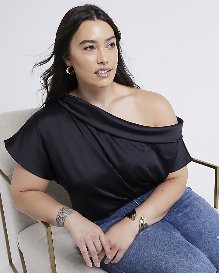 Plus Black Off Shoulder Short Sleeve Top River Island