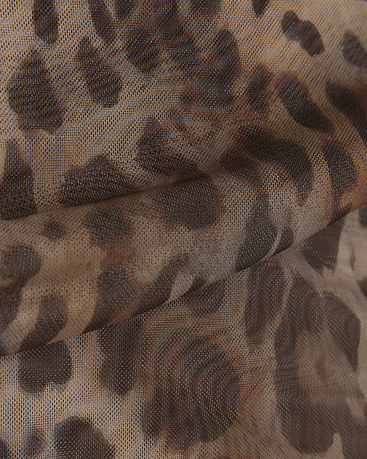 Brown mesh leopard print asymmetric bodysuit
