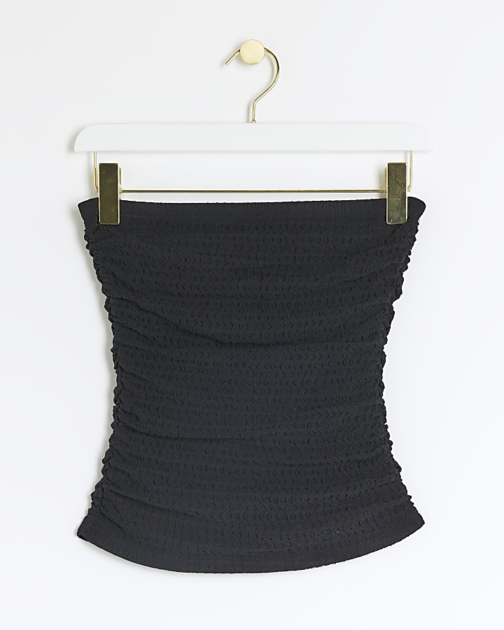 Black textured ruched tube top
