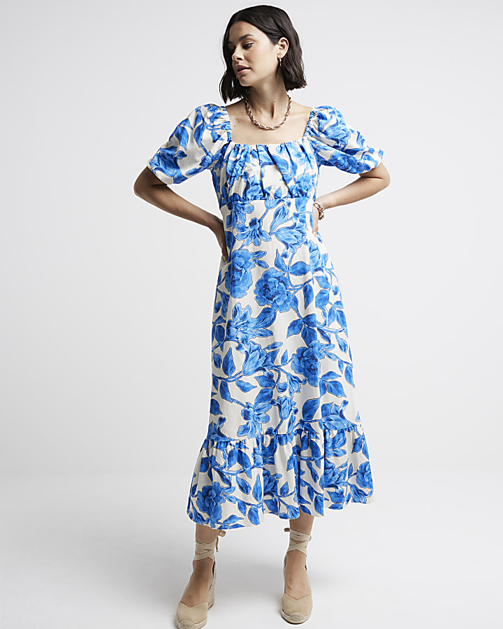 Blue floral puff sleeve swing midi dress | River Island