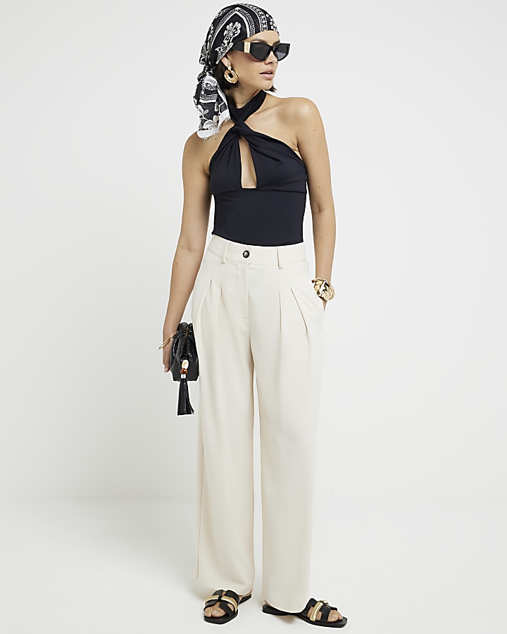 Cream Pleated Wide Leg Trousers | River Island