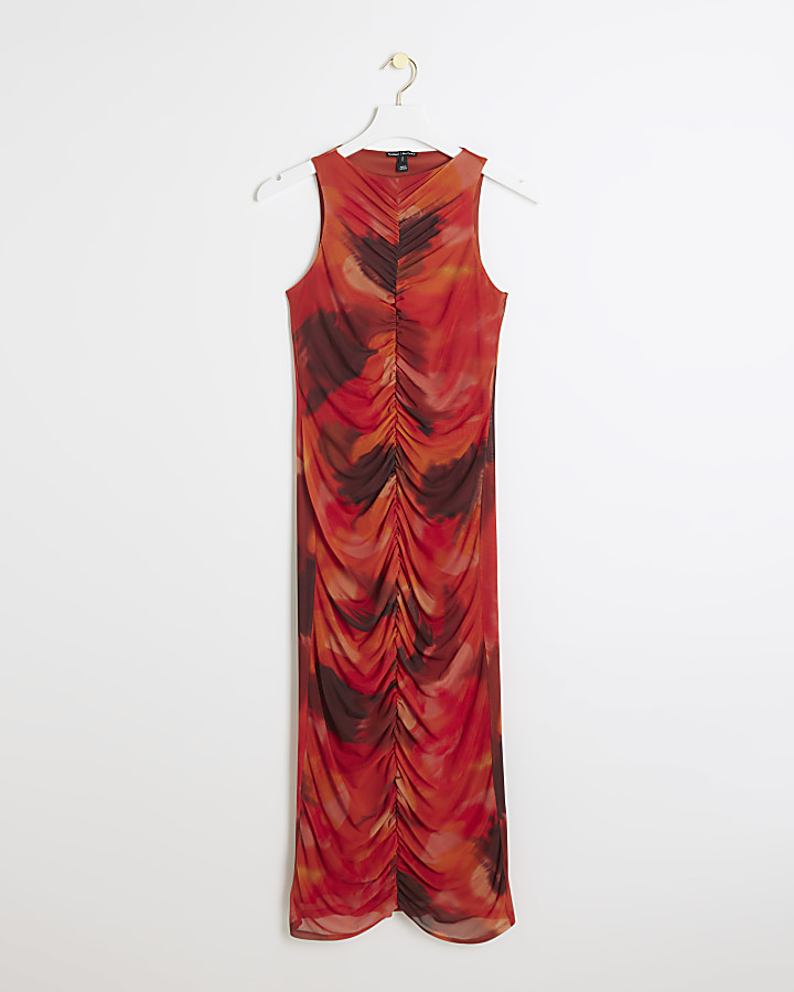 Red mesh abstract bodycon midi dress