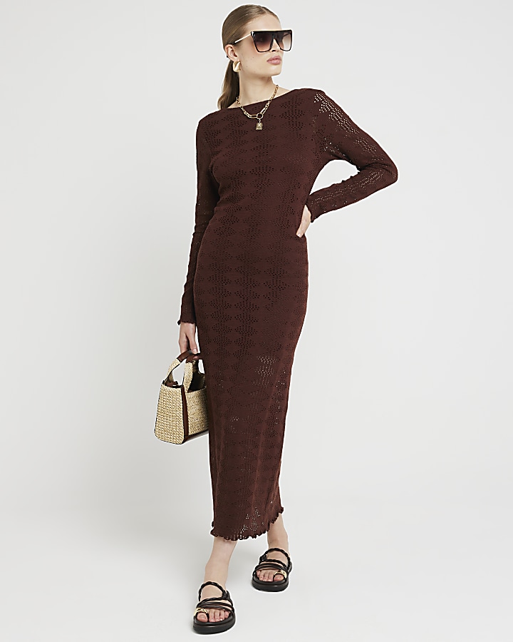 Brown Crochet Bodycon Maxi Dress