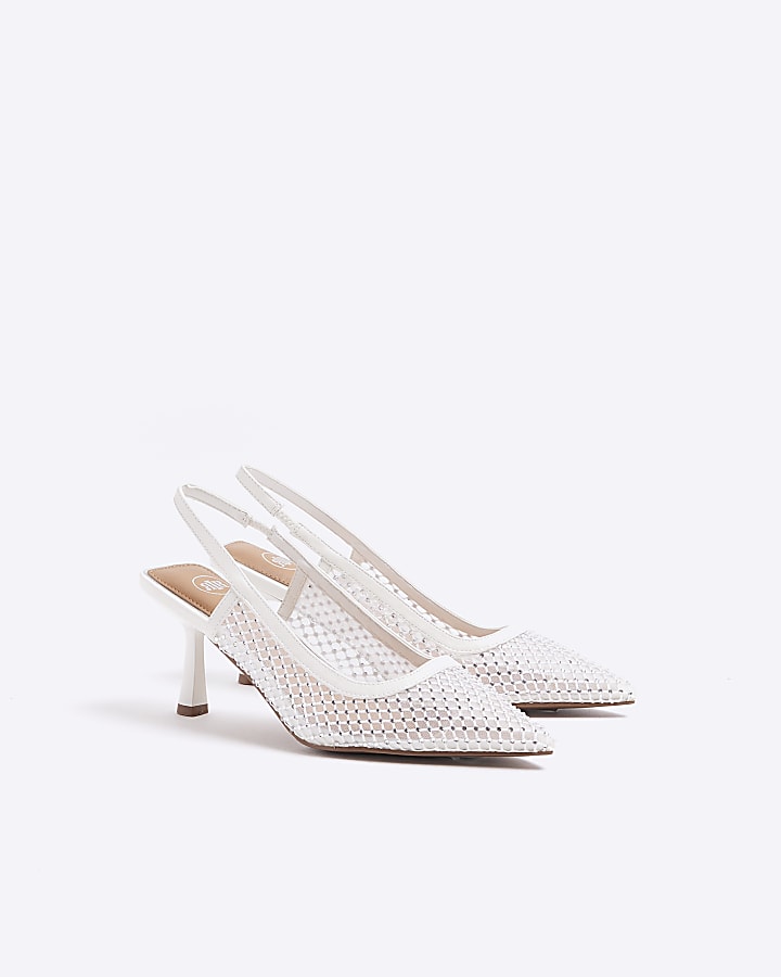 White mesh diamante heeled court shoes