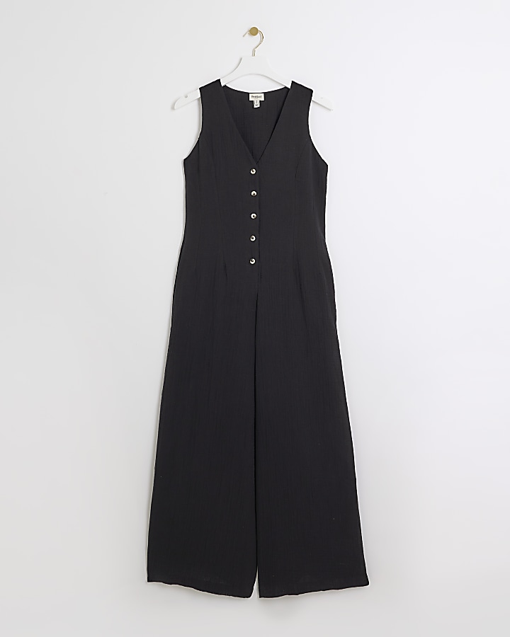 Black textured button through jumpsuit