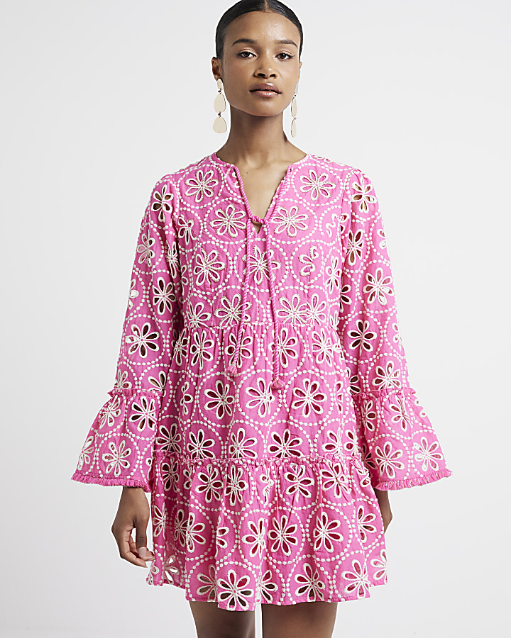 Pink broderie smock mini dress | River Island