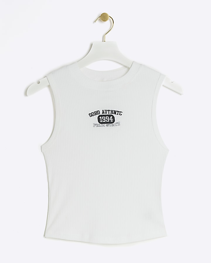 White ribbed embroidered tank top