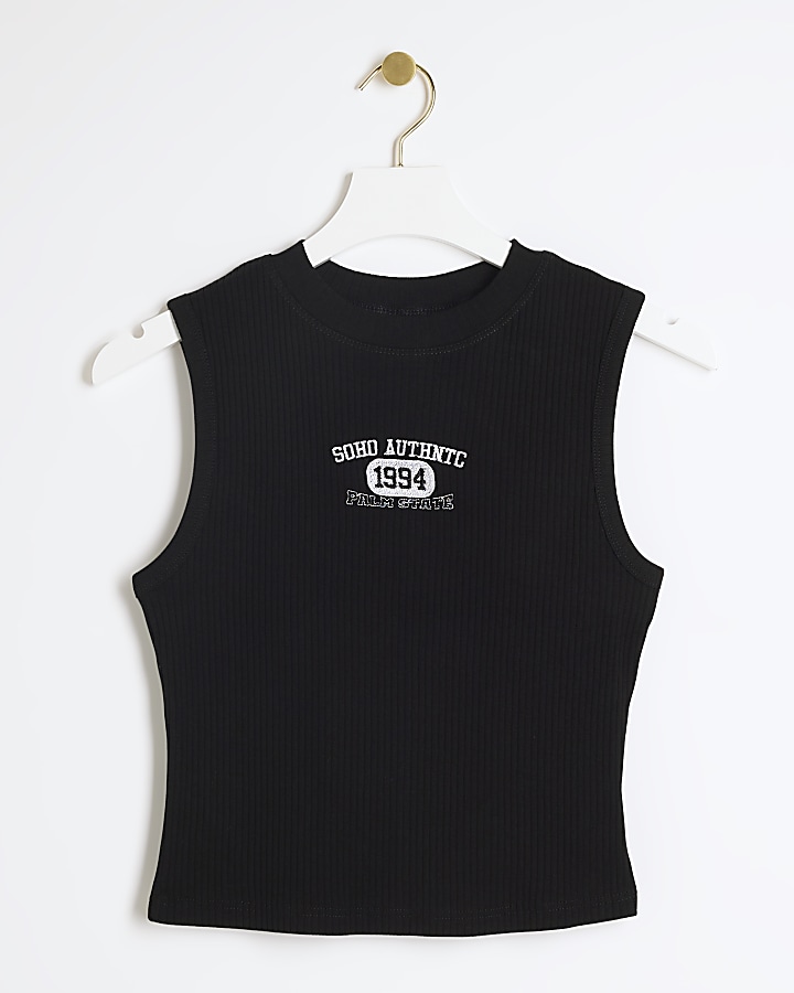 Black ribbed embroidered tank top