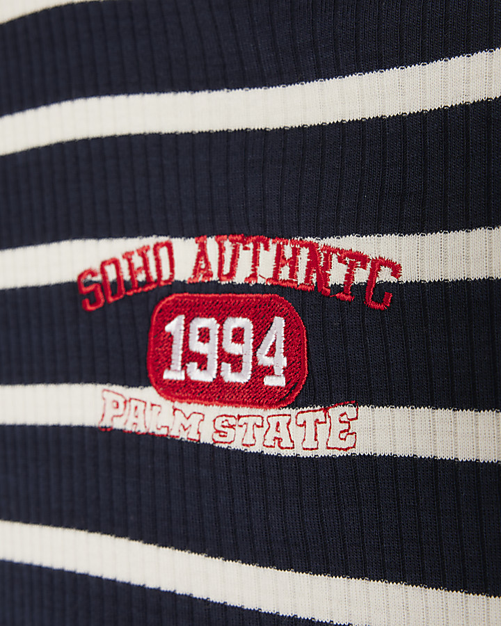 Navy ribbed stripe embroidered tank top