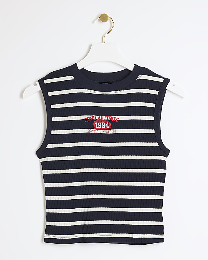 Navy ribbed stripe embroidered tank top