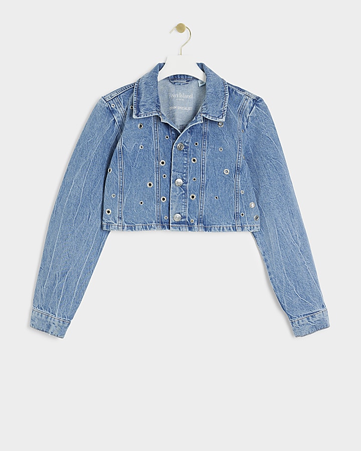 Blue eyelet detail cropped denim jacket | River Island