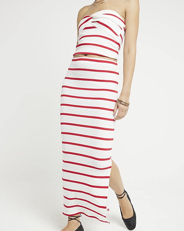 Red Ribbed Stripe Midi Skirt