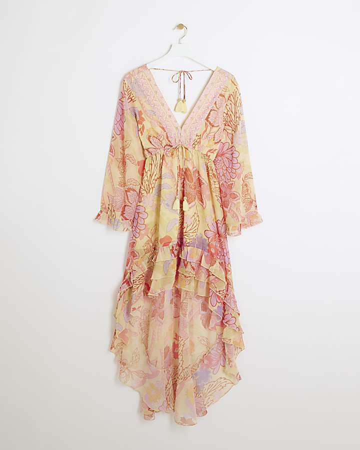 Yellow Floral Plunge Beach Maxi Dress River Island 3468