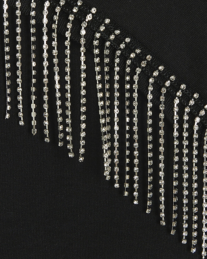 Black Embellished Fringe Trim T-Shirt