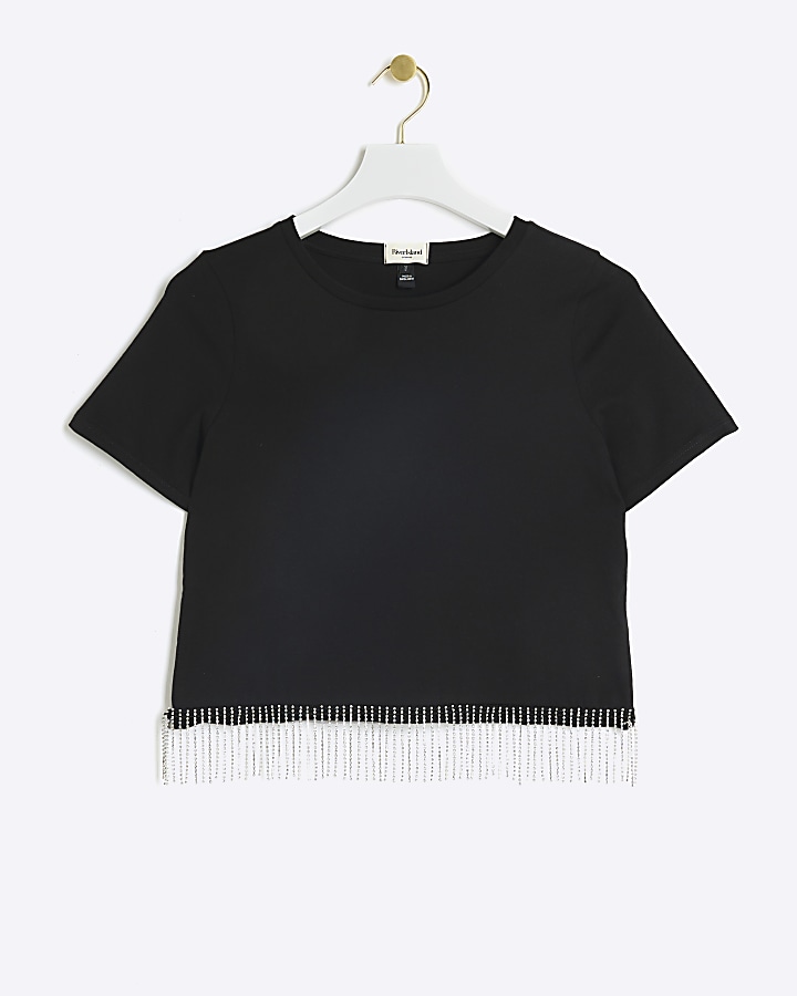 Black Embellished Fringe Trim T-Shirt