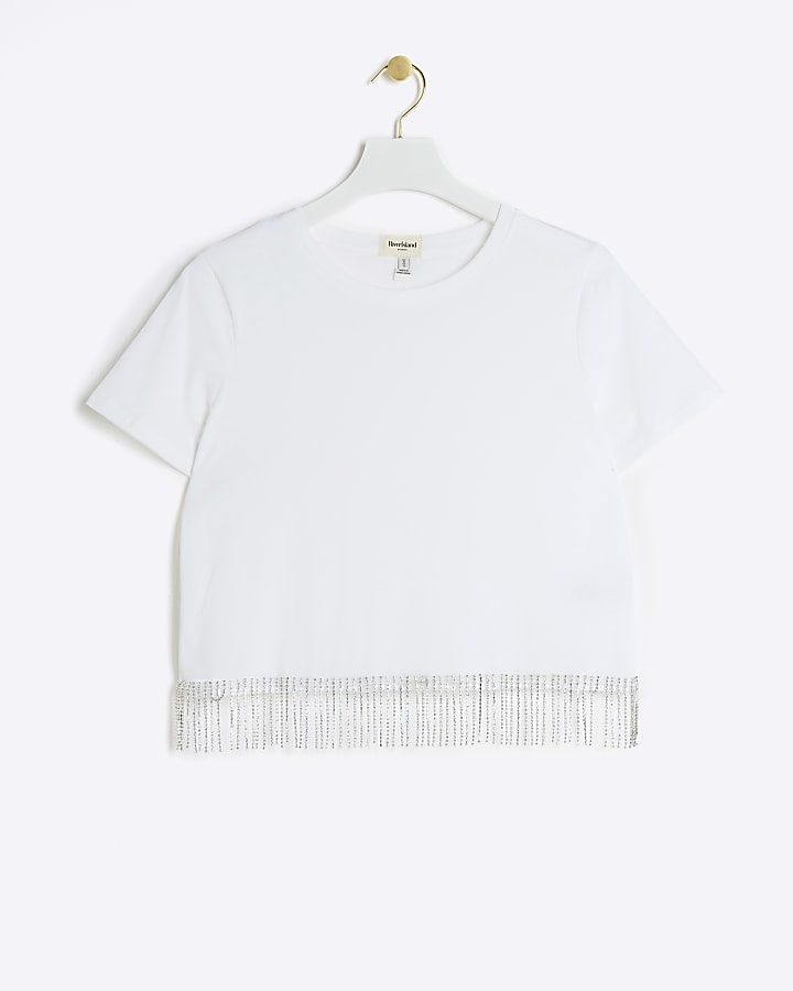 White Embellished Fringe Trim T-Shirt