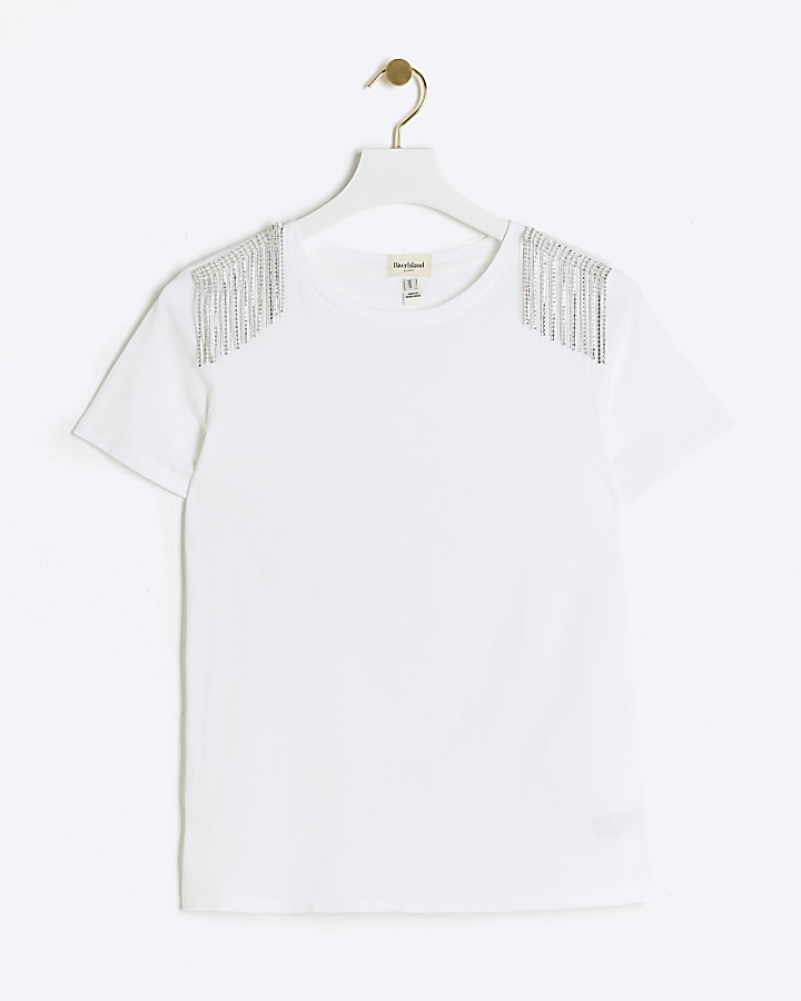 White Diamante Embellished T-shirt