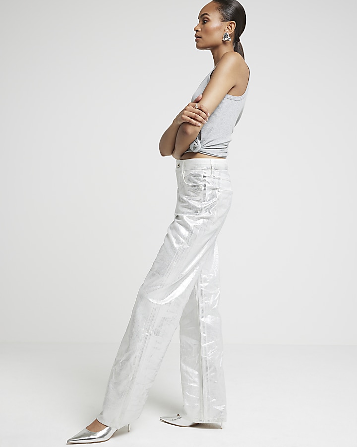 Silver relaxed straight coated jeans River Island