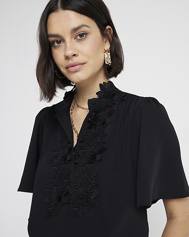 Black embroidered floral blouse River Island