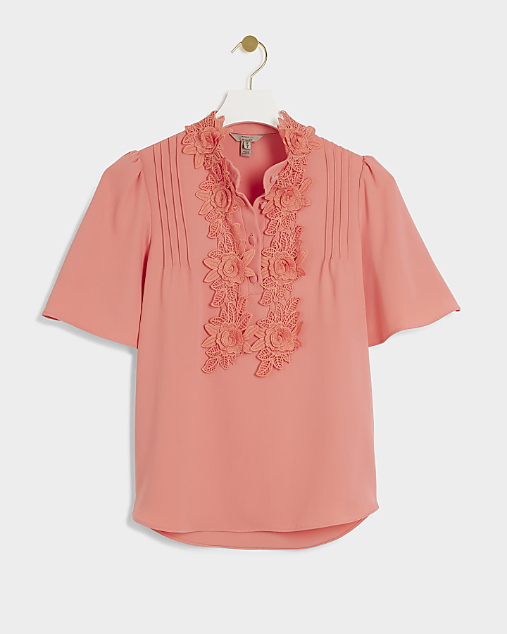 Coral embroidered floral blouse