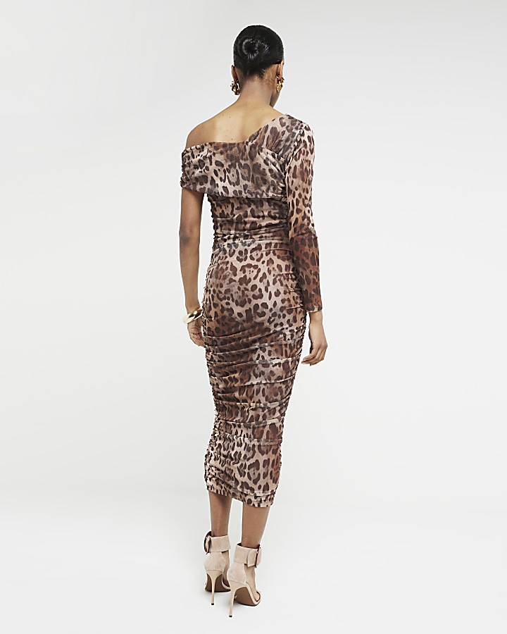 Brown leopard print ruched bodycon midi dress