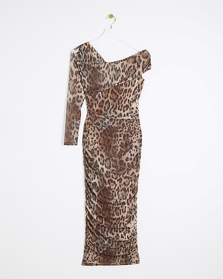 Brown leopard print ruched bodycon midi dress