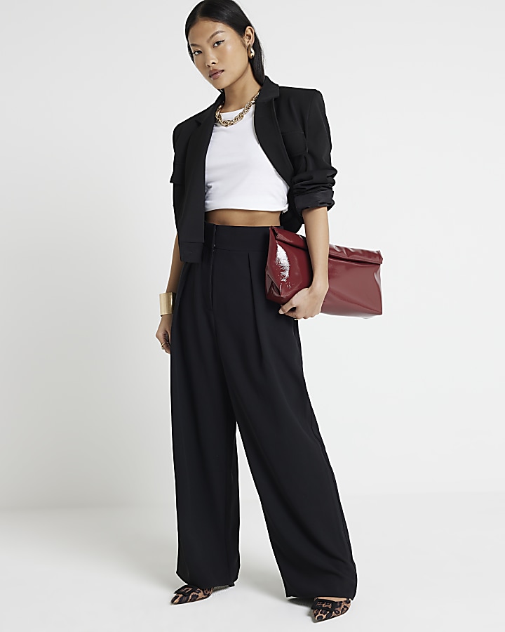 Petite black pleated wide leg trousers