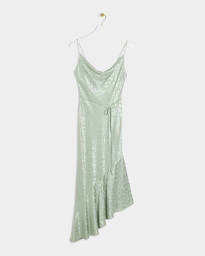 Green jacquard asymmetric slip maxi dress