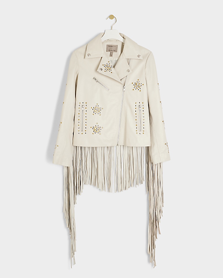 Stone leather studded fringe biker jacket