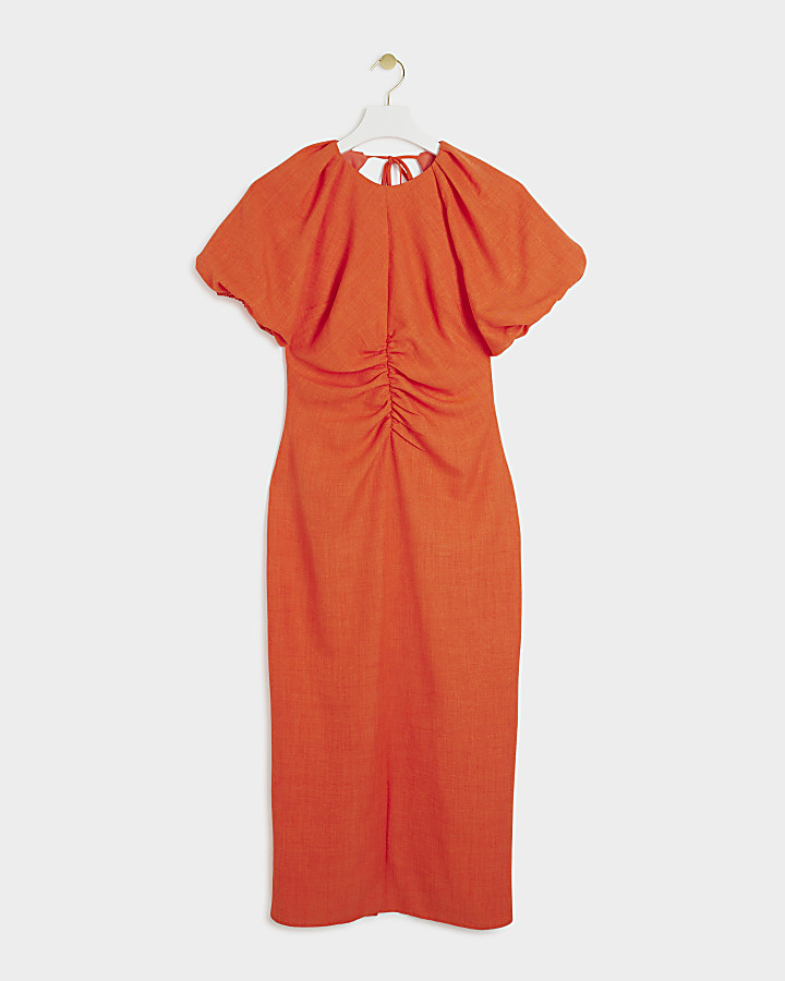 Coral puffed sleeves ruched midi dress